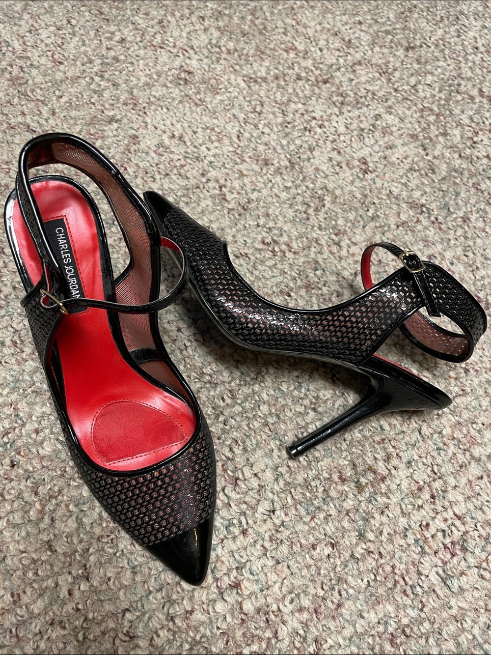 Charles Jourdan leather Black Mesh Pointed-Toe Red Insole ankle strap Heels